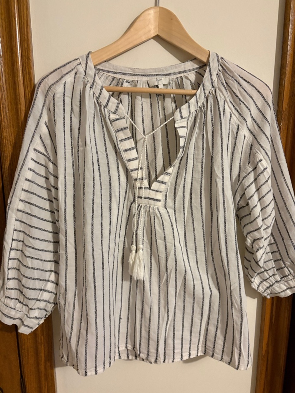 Joie White Blouse with Black Vertical Stripes and Tassel Tie